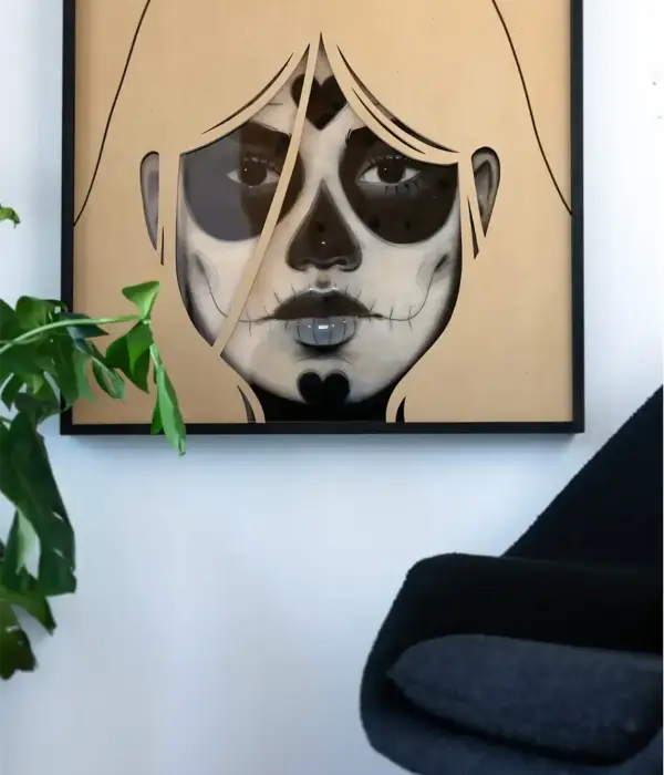 David Santiago, Nebula’s Grin 37″x37″ on Charcoal, Pastel, Acrylic, and MDF on Birch.