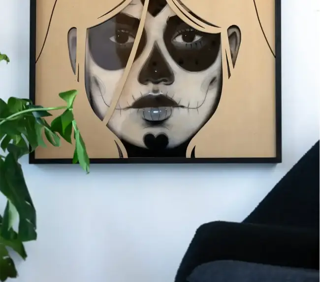 David Santiago, Nebula’s Grin 37″x37″ on Charcoal, Pastel, Acrylic, and MDF on Birch.